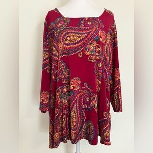 Susan Graver Liquid Knit Tunic Top Large Pink Paisley Artsy Stretch Office Work